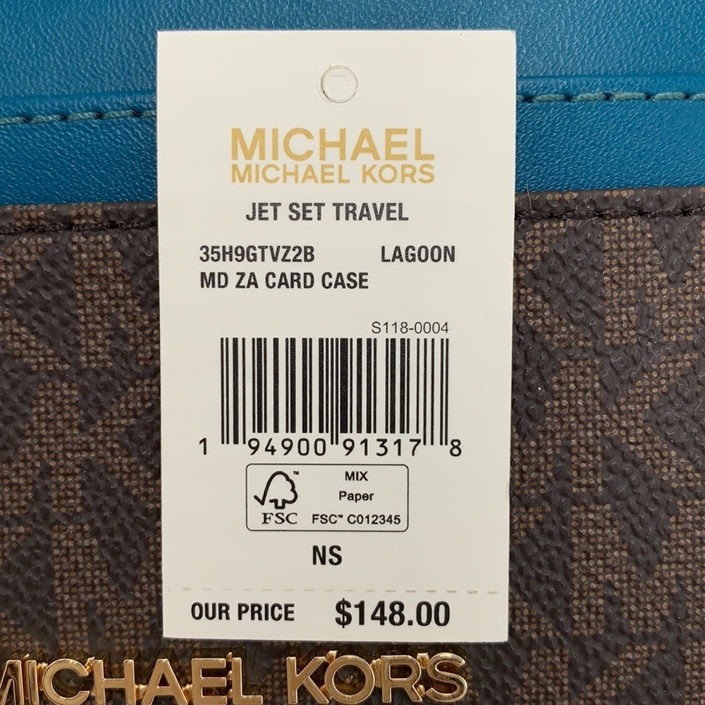 MICHAEL KORS JET SET TRAVEL MEDIUM ZIP AROUND CARD CASE LAGOON/BROWN SIGNATURE - Picture 10 of 12